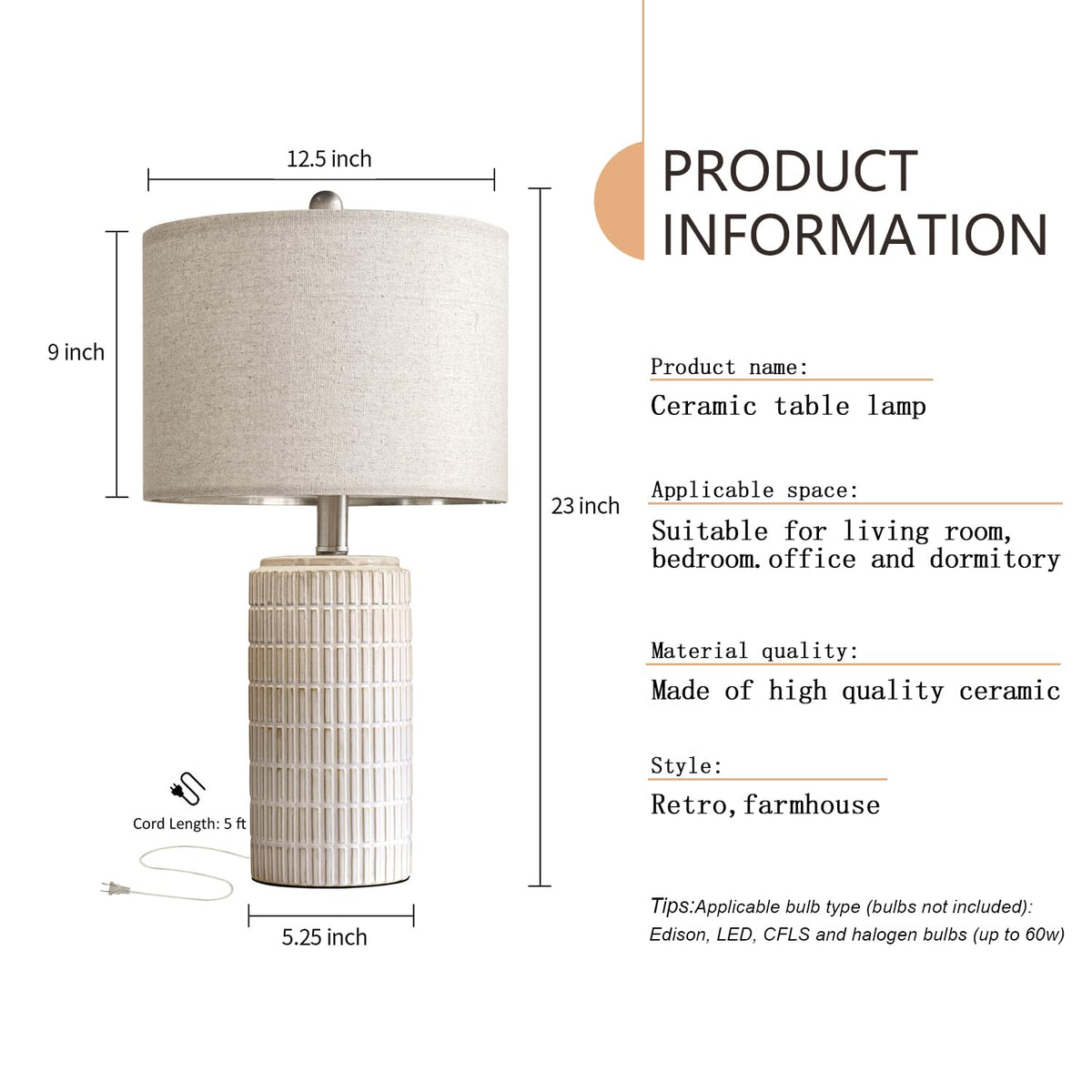 PoKat 23" Modern Ceramic Table Lamp Set of 2 for Living Room Bedroom, White