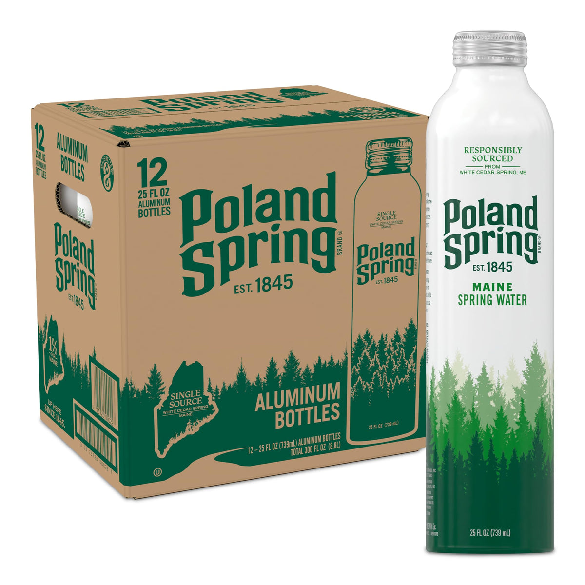 Poland Spring Maine Spring Water Aluminum Bottle – 25 oz Still Water with Naturally Occurring Minerals, 12 Pack
