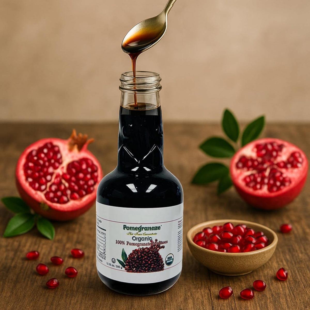 Pomegranaze 100% Organic Pomegranate Molasses 12.35 oz Glass Bottle (3 Pack) – No Sugar Added, Vegan, Gluten Free, Kosher