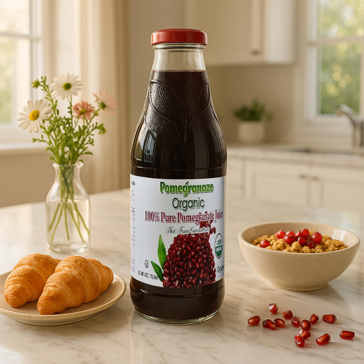 Pomegranaze 100% Organic Pomegranate Juice – No Sugar, Glass Bottle (2 Pack) | Kosher & Gluten Free