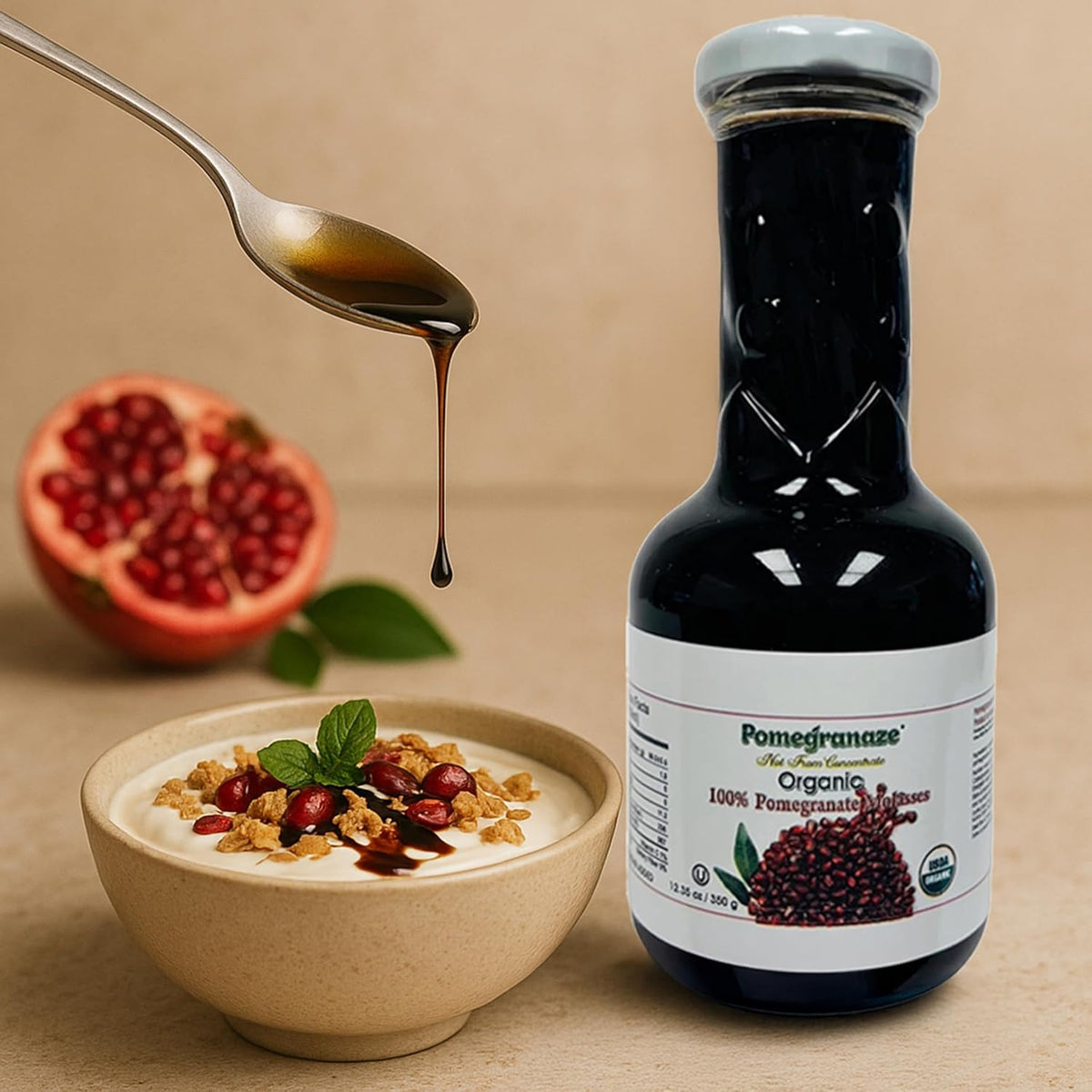 Pomegranaze 100% Organic Pomegranate Molasses 12.35 oz Glass Bottle (3 Pack) – No Sugar Added, Vegan, Gluten Free, Kosher