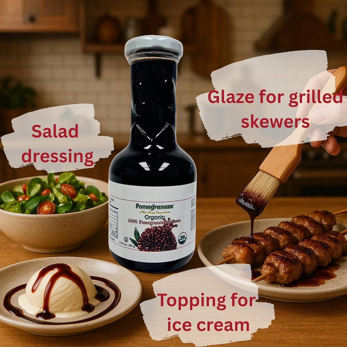 Pomegranaze 100% Organic Pomegranate Molasses 12.35 oz Glass Bottle (3 Pack) – No Sugar Added, Vegan, Gluten Free, Kosher