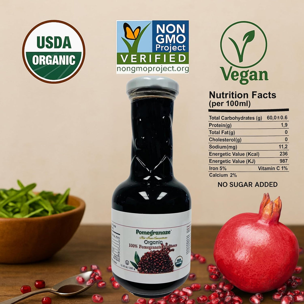 Pomegranaze 100% Organic Pomegranate Molasses 12.35 oz Glass Bottle (3 Pack) – No Sugar Added, Vegan, Gluten Free, Kosher
