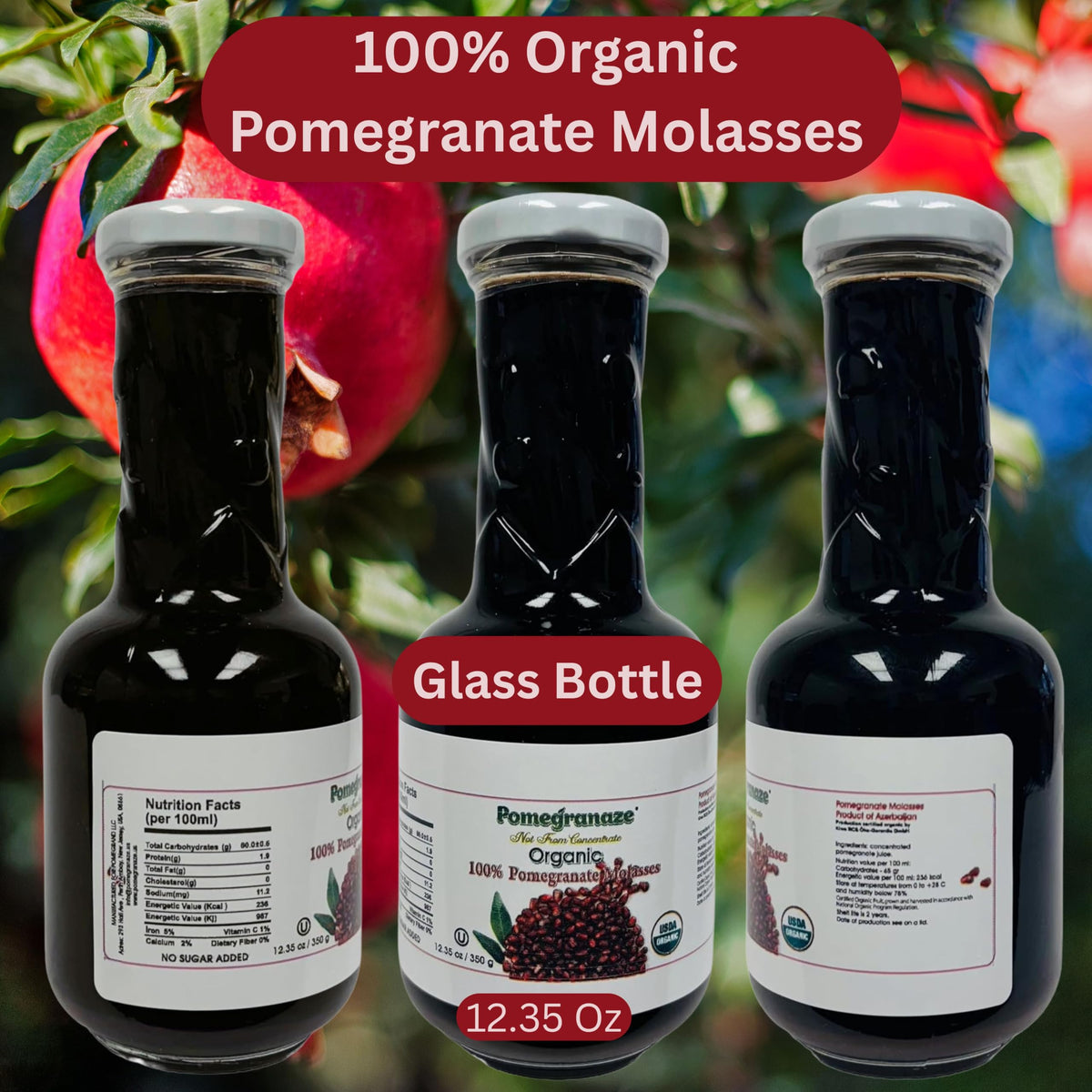 Pomegranaze 100% Organic Pomegranate Molasses 12.35 oz Glass Bottle (3 Pack) – No Sugar Added, Vegan, Gluten Free, Kosher