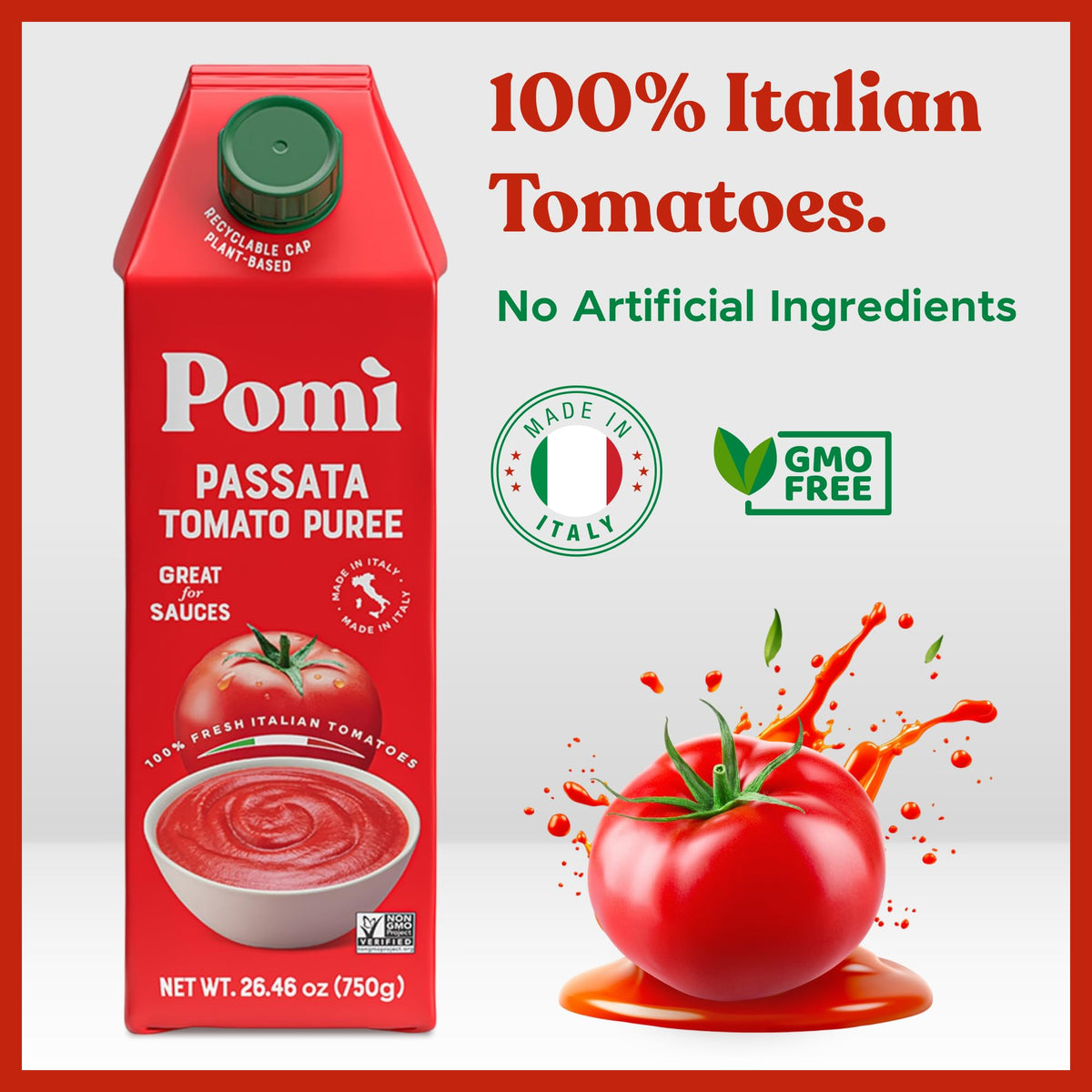 Pomì Tomato Passata 26.46oz (Pack of 6) – 100% Fresh Italian Tomatoes, Creamy Velvet Puree, No Additives, BPA-Free, Gluten-Free