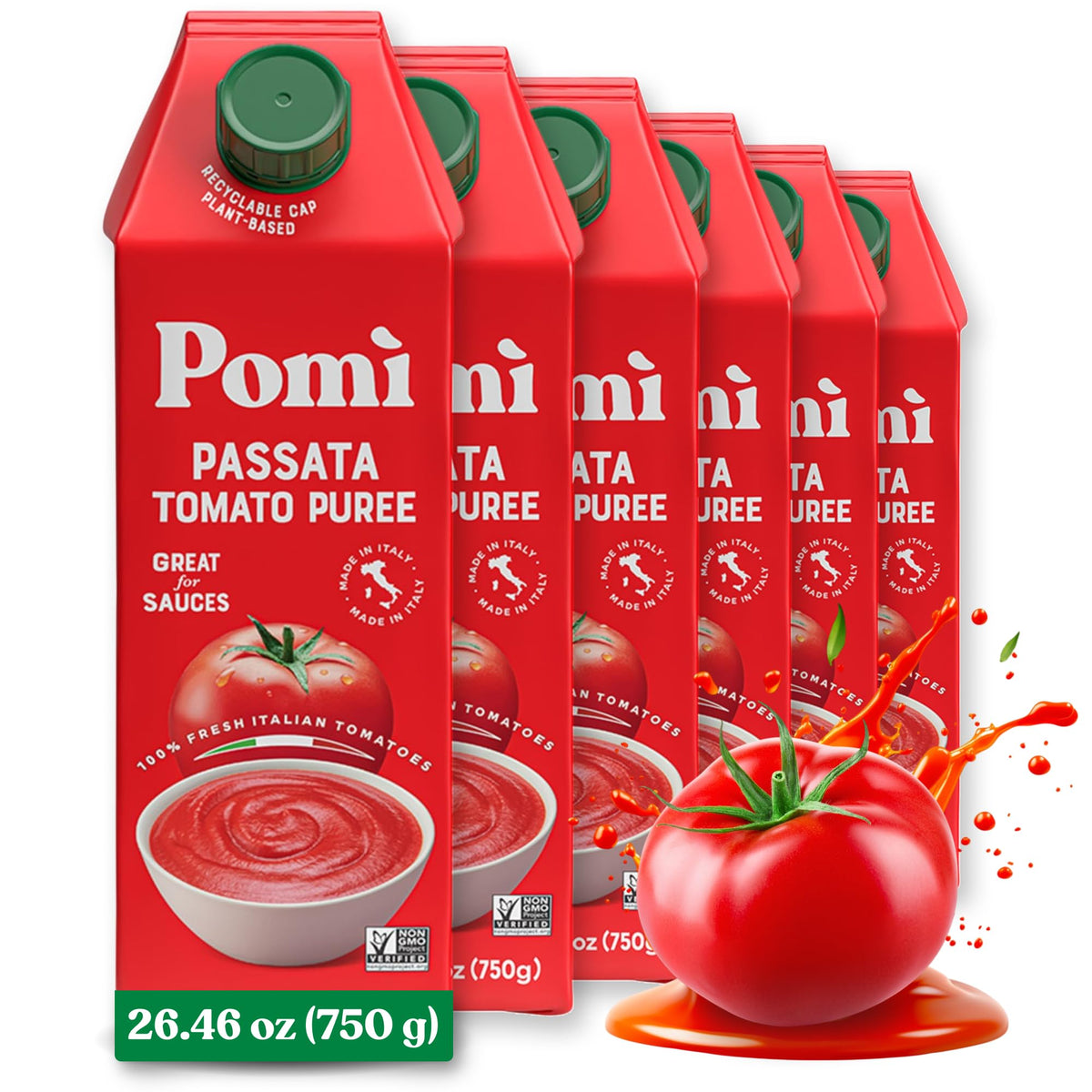 Pomì Tomato Passata 26.46oz (Pack of 6) – 100% Fresh Italian Tomatoes, Creamy Velvet Puree, No Additives, BPA-Free, Gluten-Free