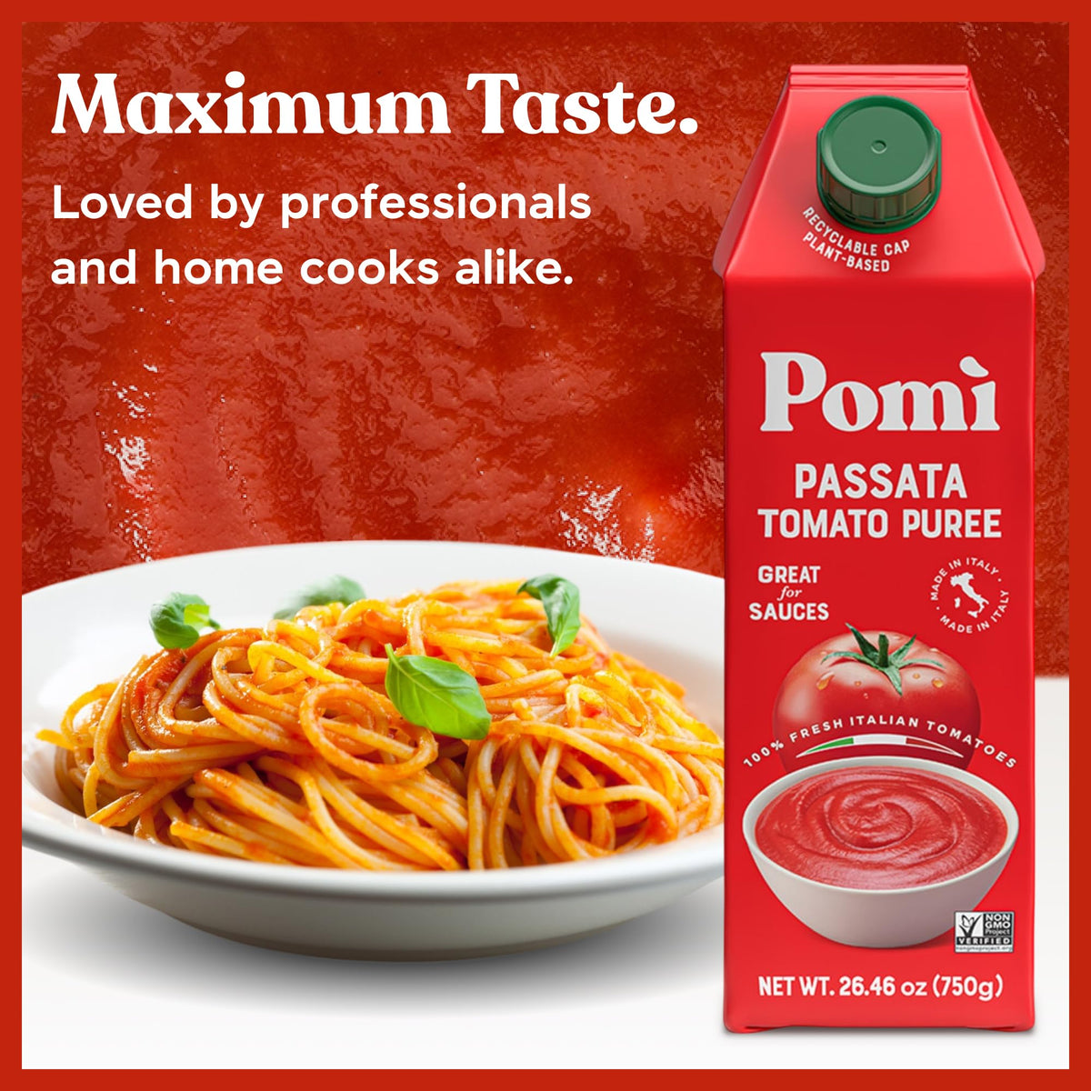 Pomì Tomato Passata 26.46oz (Pack of 6) – 100% Fresh Italian Tomatoes, Creamy Velvet Puree, No Additives, BPA-Free, Gluten-Free