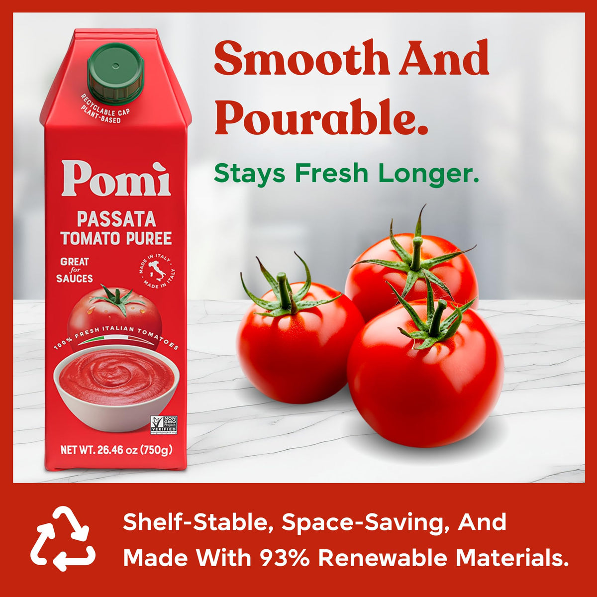 Pomì Tomato Passata 26.46oz (Pack of 6) – 100% Fresh Italian Tomatoes, Creamy Velvet Puree, No Additives, BPA-Free, Gluten-Free