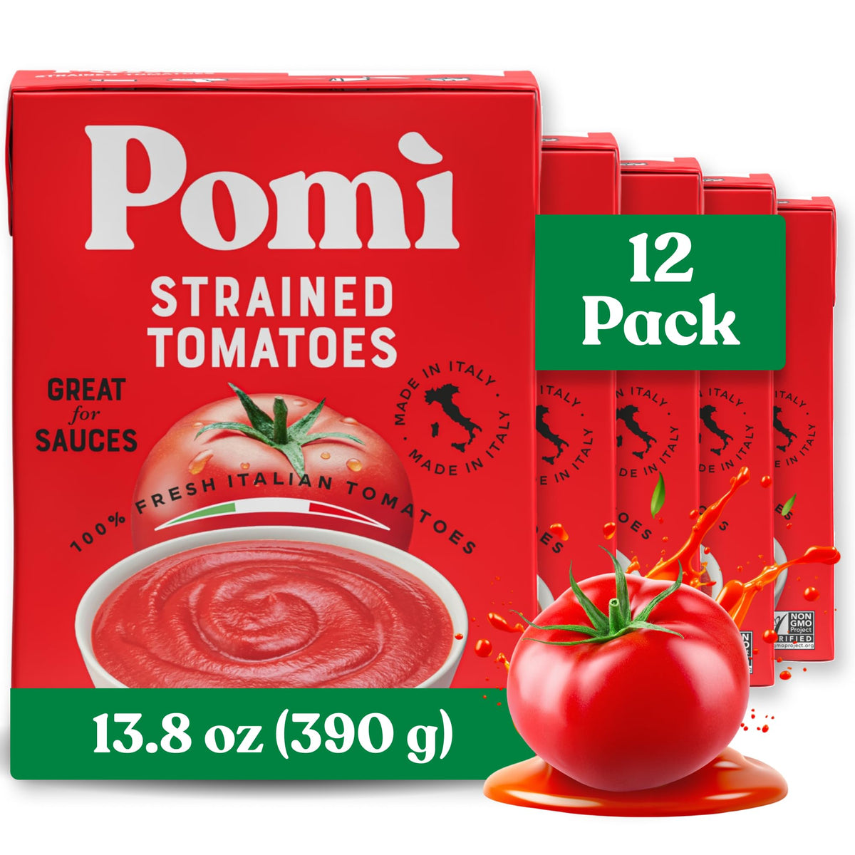 Pomi Strained Tomatoes 13.8oz (Pack of 12) – Creamy Italian Tomato Purée, No Additives or Preservatives
