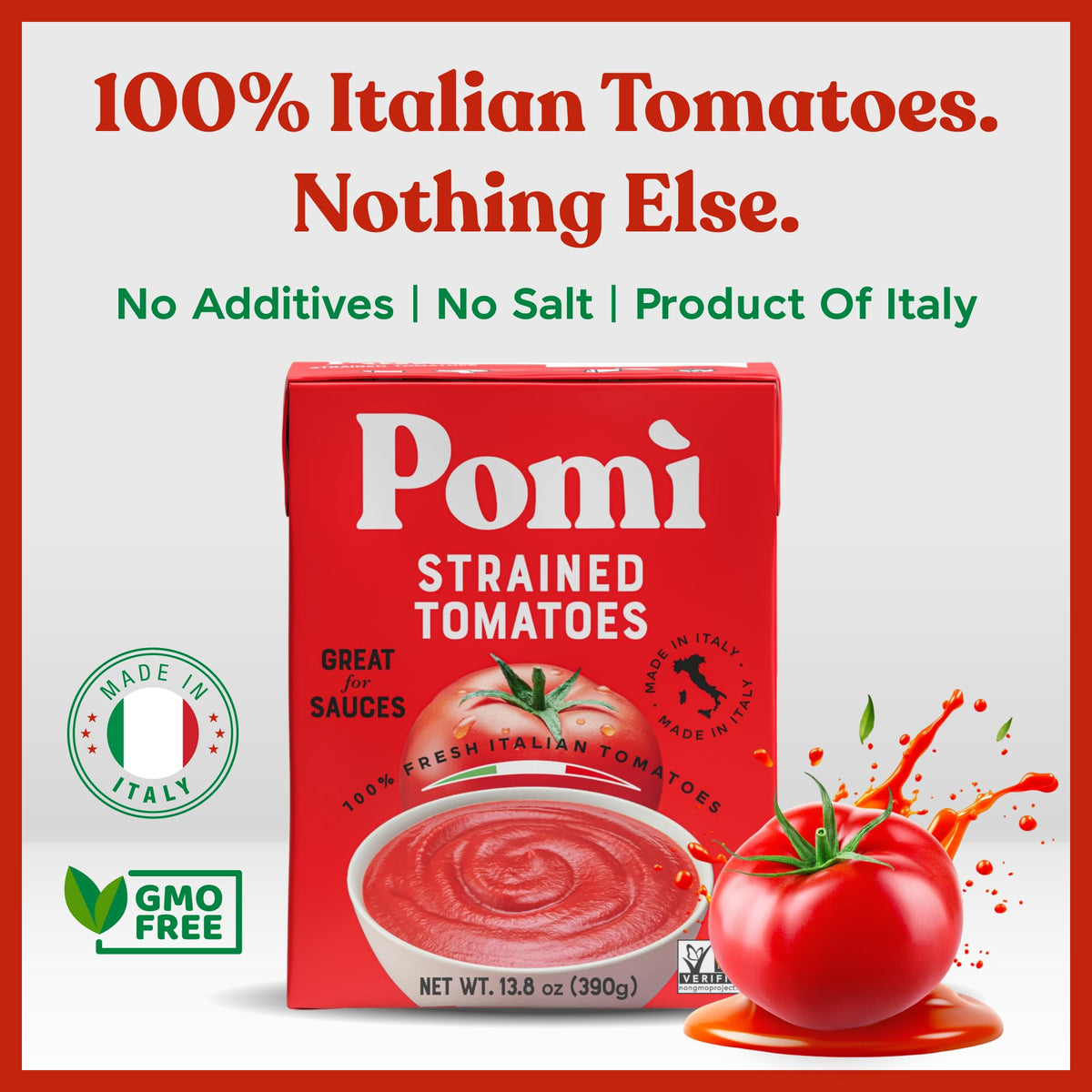 Pomi Strained Tomatoes 13.8oz (Pack of 12) – Creamy Italian Tomato Purée, No Additives or Preservatives