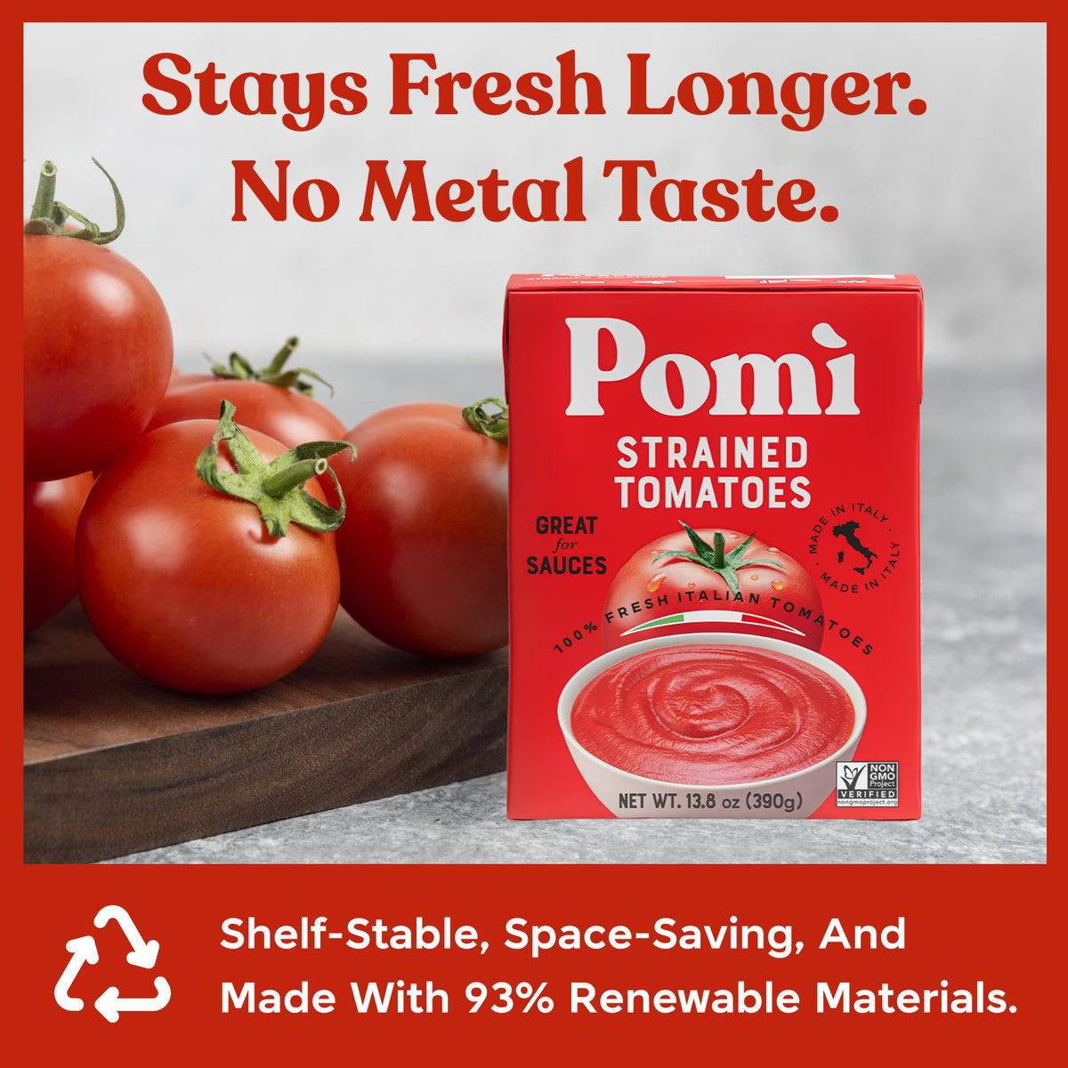 Pomi Strained Tomatoes 13.8oz (Pack of 12) – Creamy Italian Tomato Purée, No Additives or Preservatives