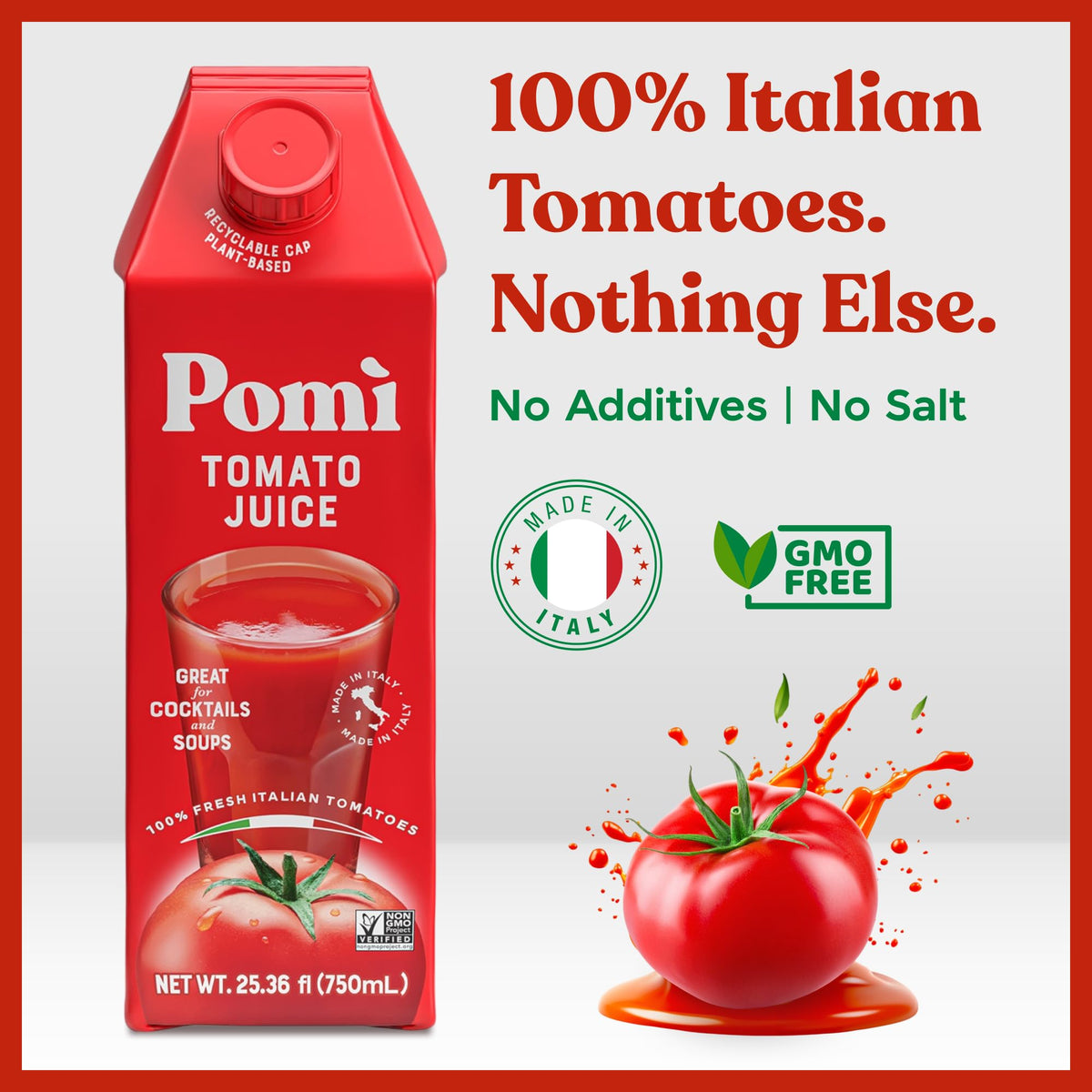 Pomì Tomato Juice – 100% Italian Tomatoes, Low Sodium, Gluten-Free (6-pack)
