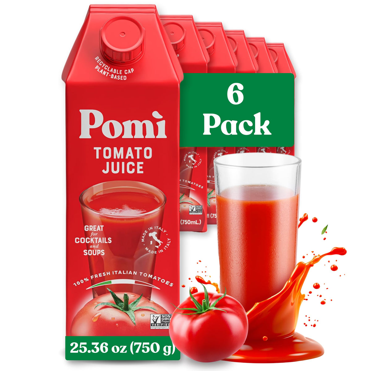 Pomì Tomato Juice – 100% Italian Tomatoes, Low Sodium, Gluten-Free (6-pack)