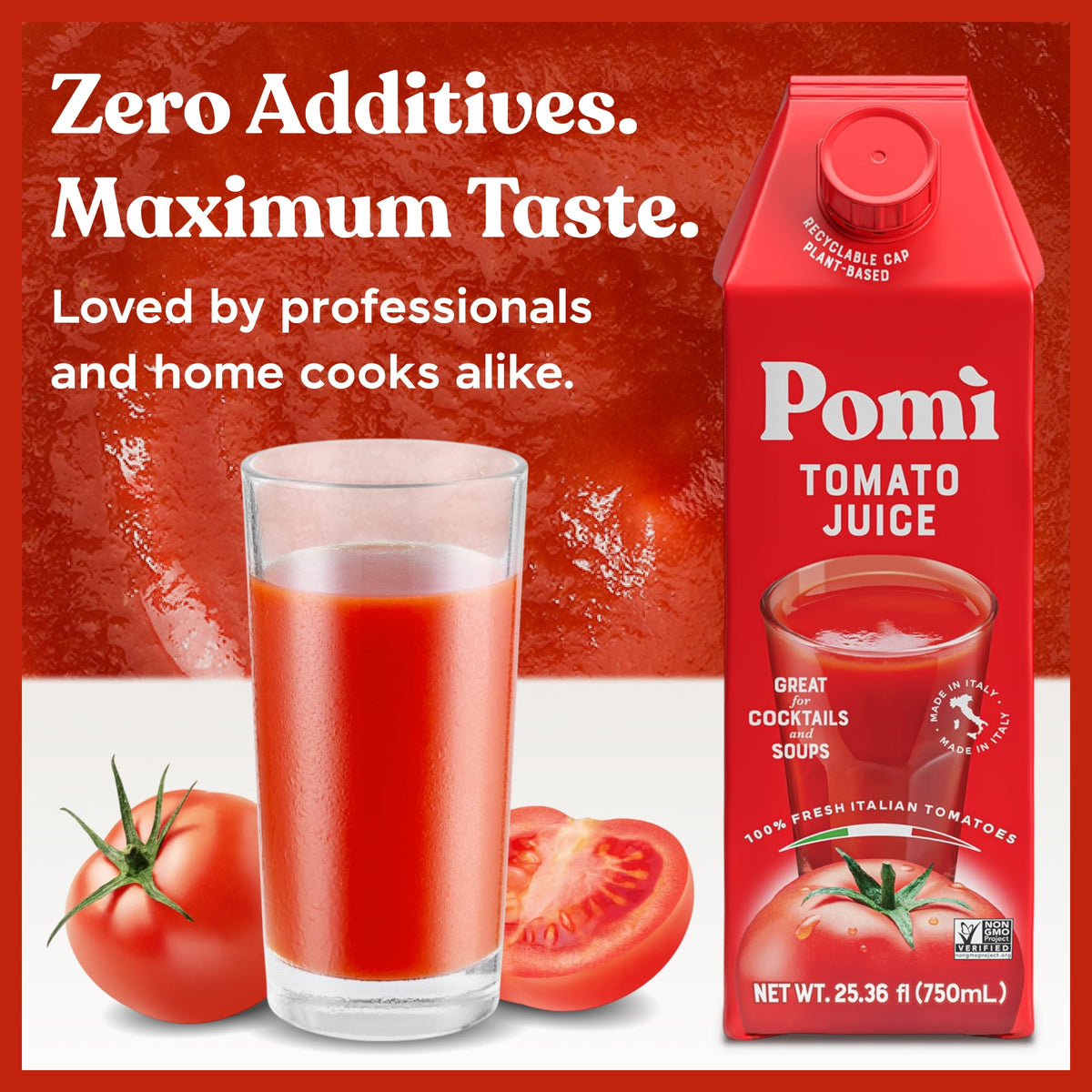 Pomì Tomato Juice – 100% Italian Tomatoes, Low Sodium, Gluten-Free (6-pack)