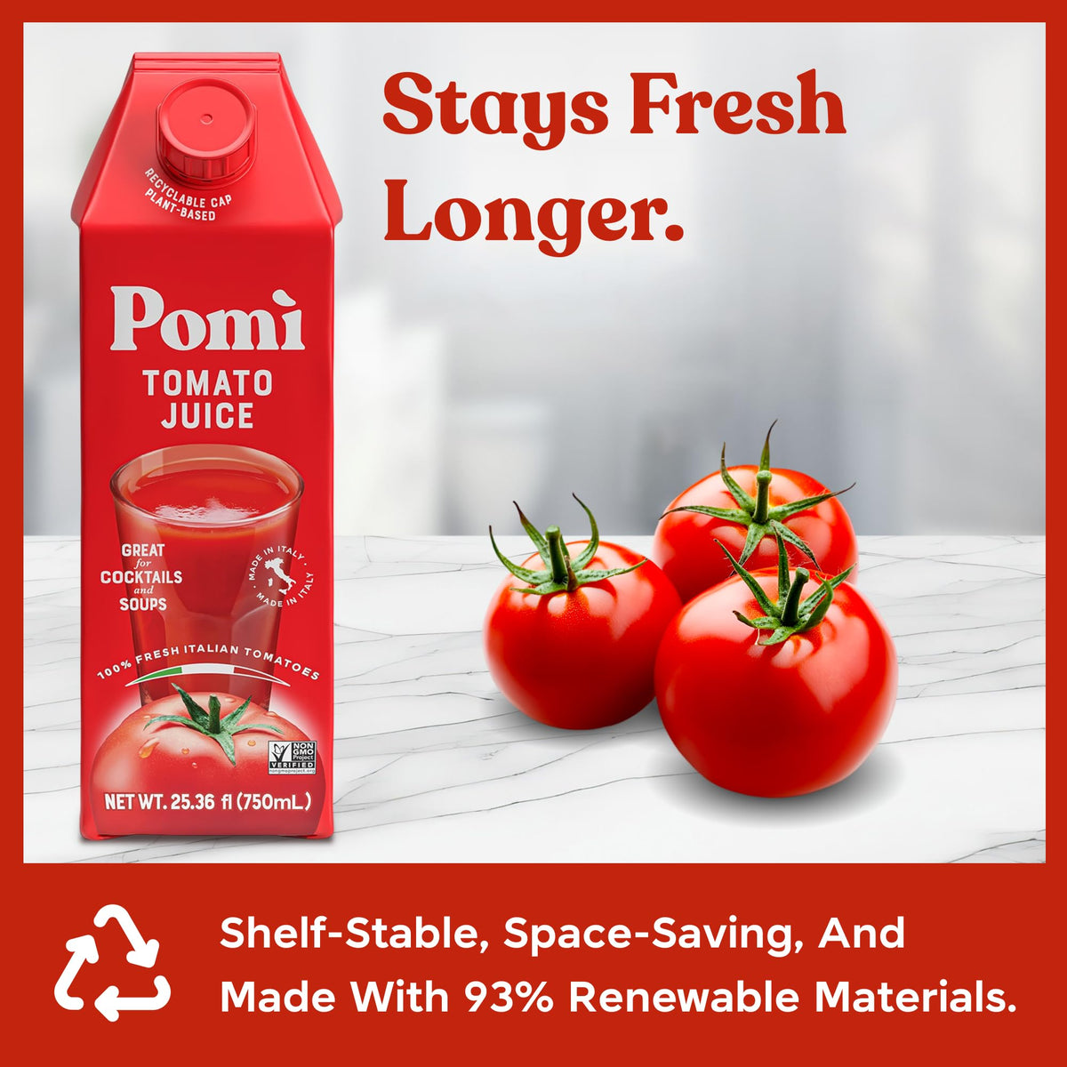 Pomì Tomato Juice – 100% Italian Tomatoes, Low Sodium, Gluten-Free (6-pack)