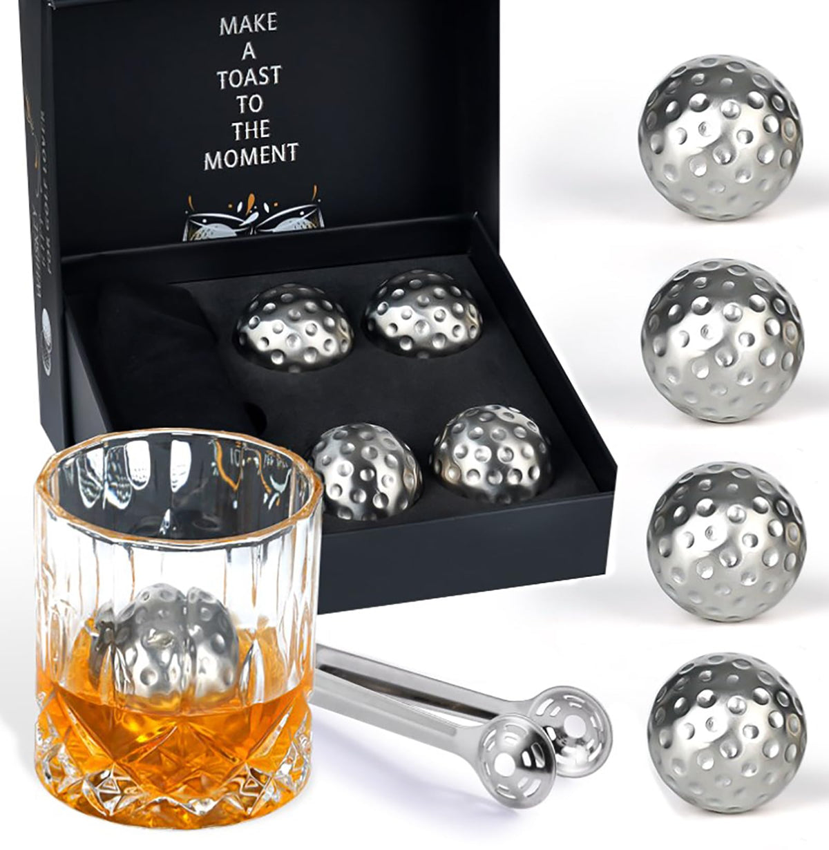 PONPUR 4 Whiskey Golf Balls with Tongs – Reusable Stainless Steel Ice for Golf Lovers