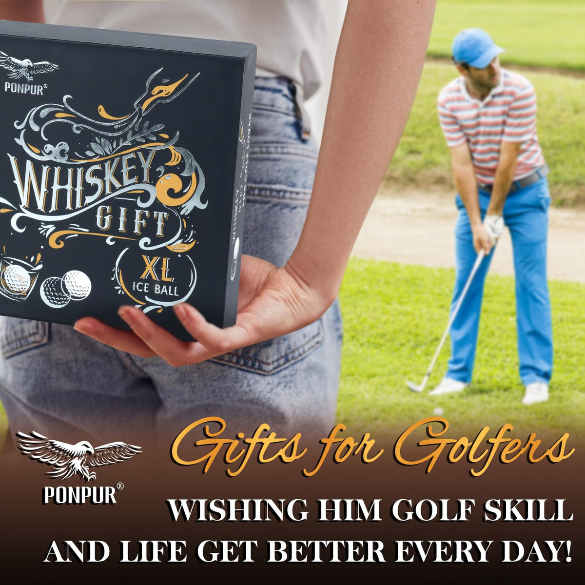 PONPUR 4 Whiskey Golf Balls with Tongs – Reusable Stainless Steel Ice for Golf Lovers
