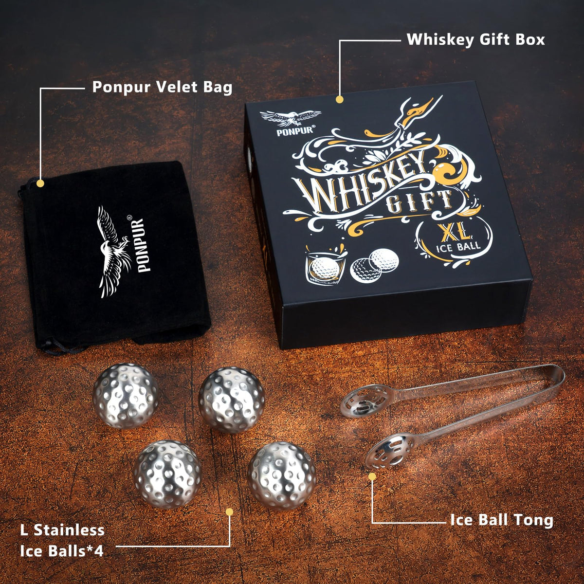 PONPUR 4 Whiskey Golf Balls with Tongs – Reusable Stainless Steel Ice for Golf Lovers