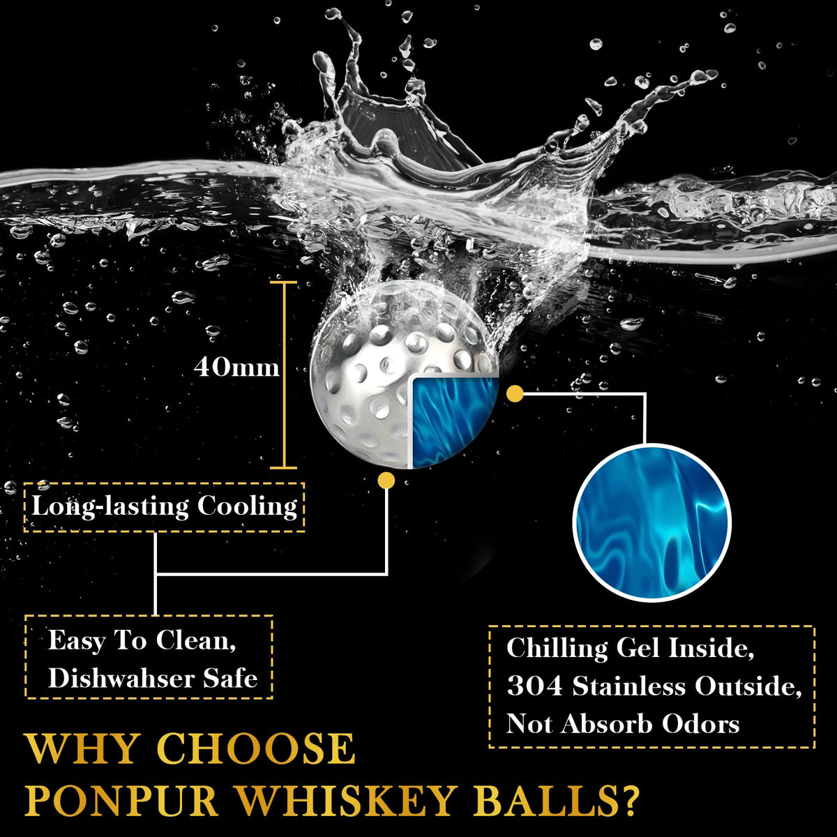 PONPUR 4 Whiskey Golf Balls with Tongs – Reusable Stainless Steel Ice for Golf Lovers