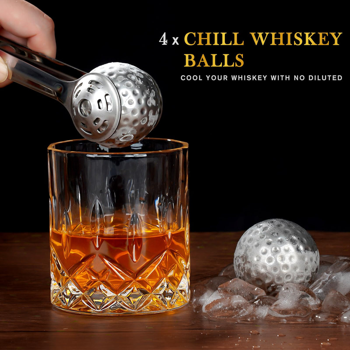 PONPUR 4 Whiskey Golf Balls with Tongs – Reusable Stainless Steel Ice for Golf Lovers