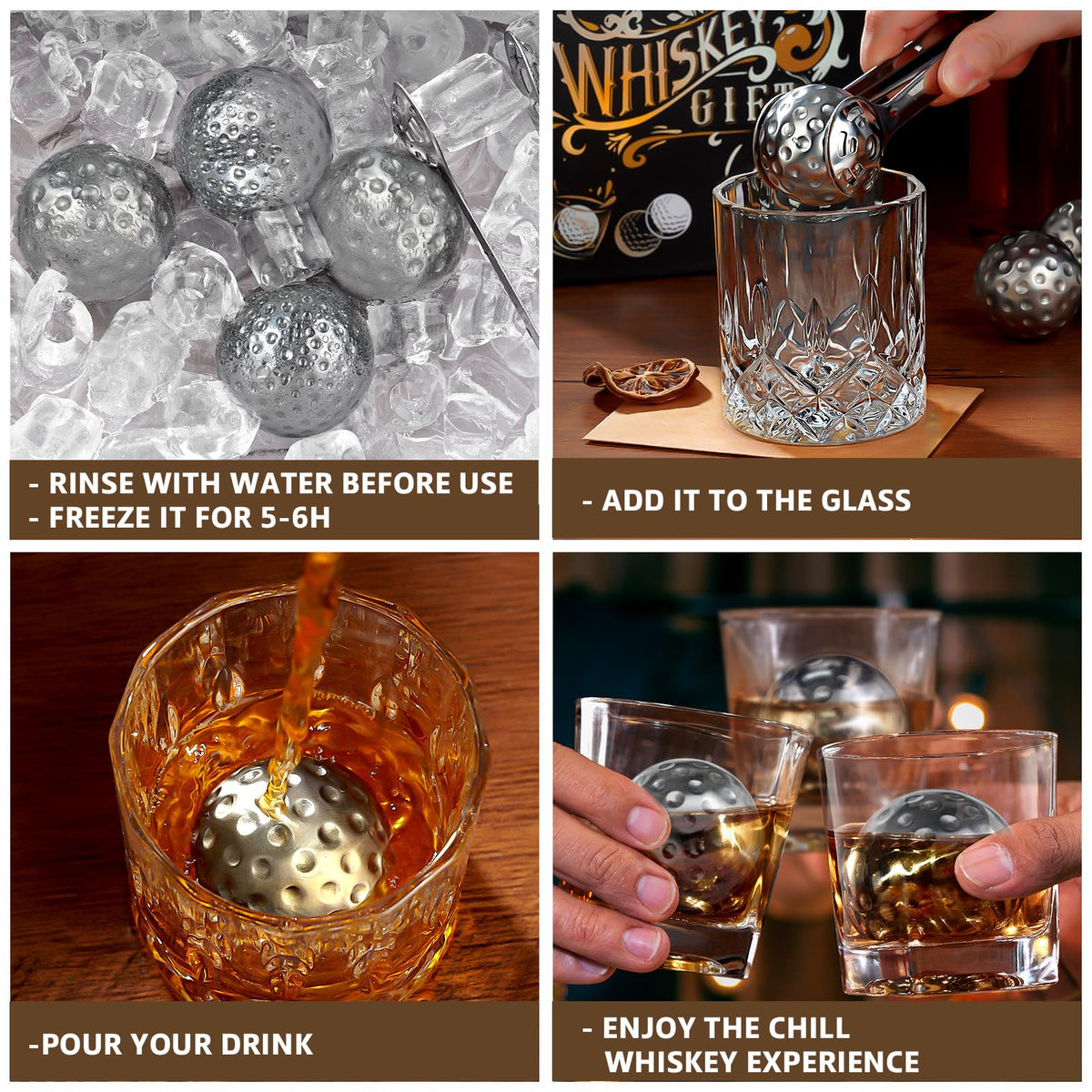PONPUR 4 Whiskey Golf Balls with Tongs – Reusable Stainless Steel Ice for Golf Lovers