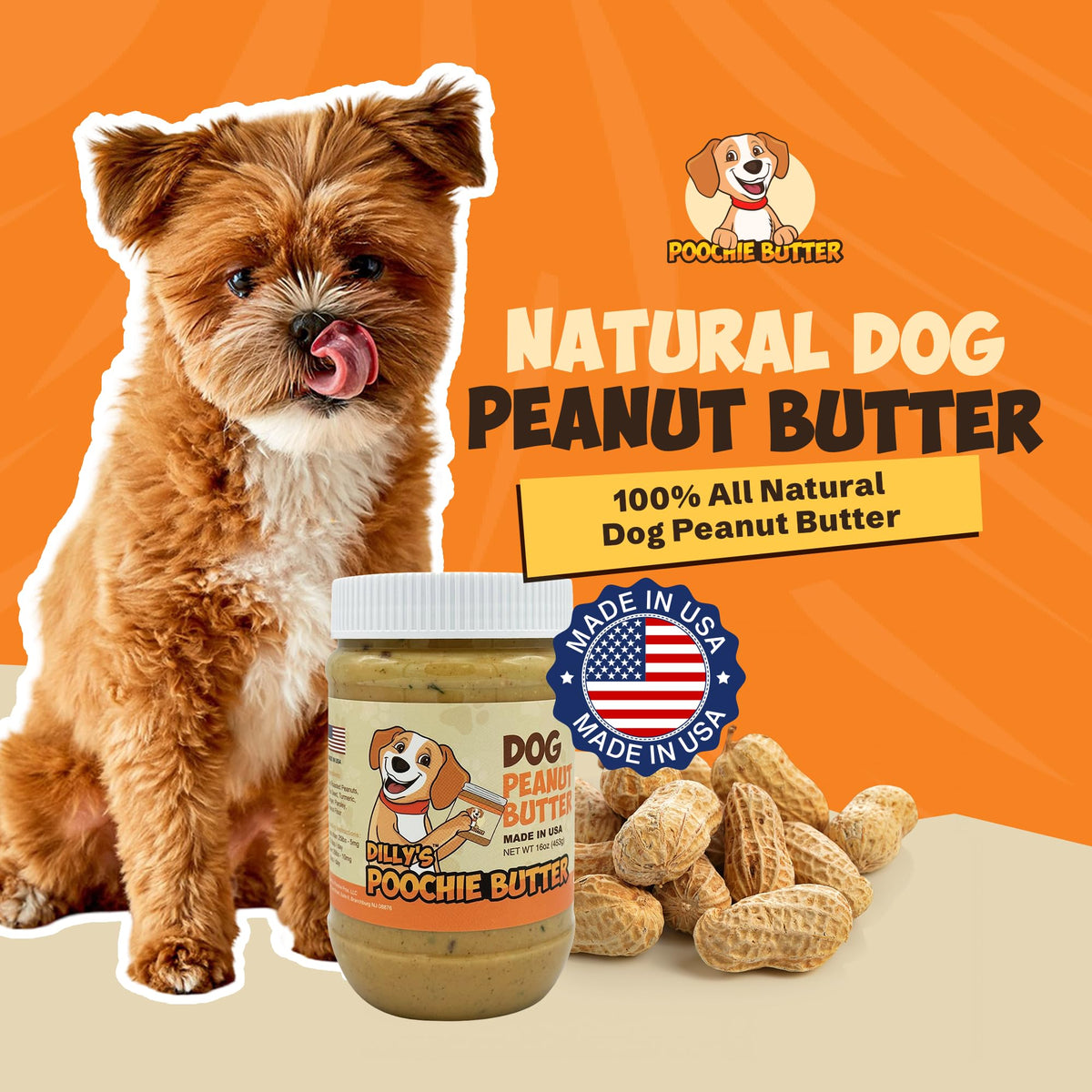 Poochie Butter Natural Dog Peanut Butter – USA Made, Creamy Spread for Lick Mats & Toppers, Non-GMO, No Sugar Added, 16 oz Pack of 2