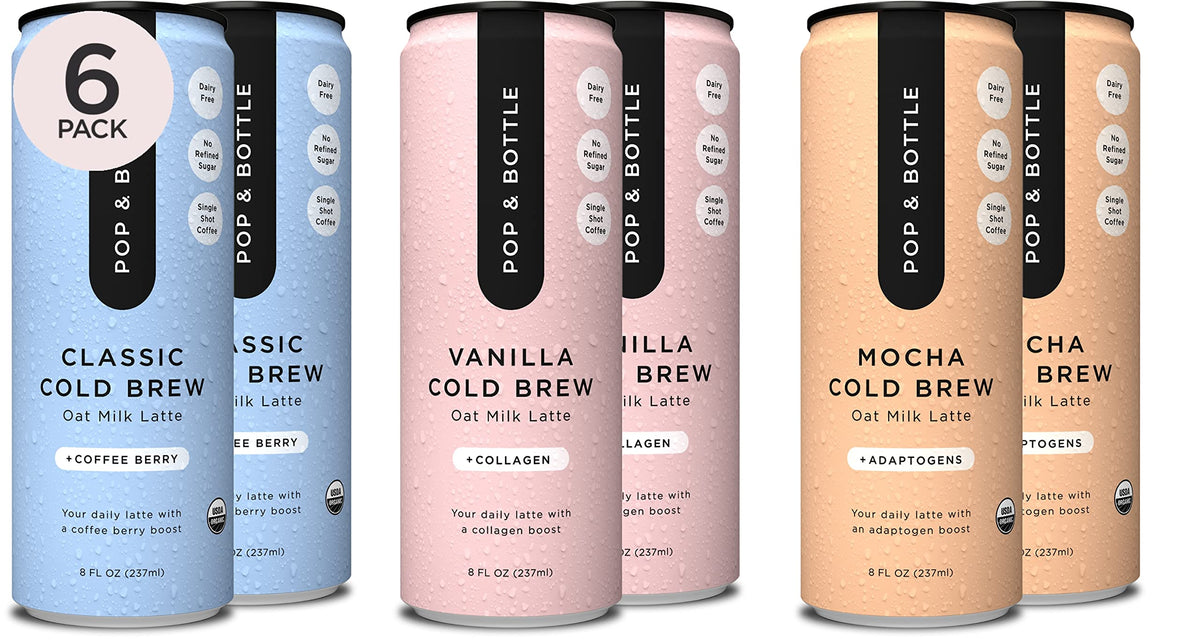 Pop & Bottle Oat Milk Lattes – Cold Brew with Maca, Antioxidants, Ashwagandha, 8 oz, 6 Pack, Organic & Dairy Free