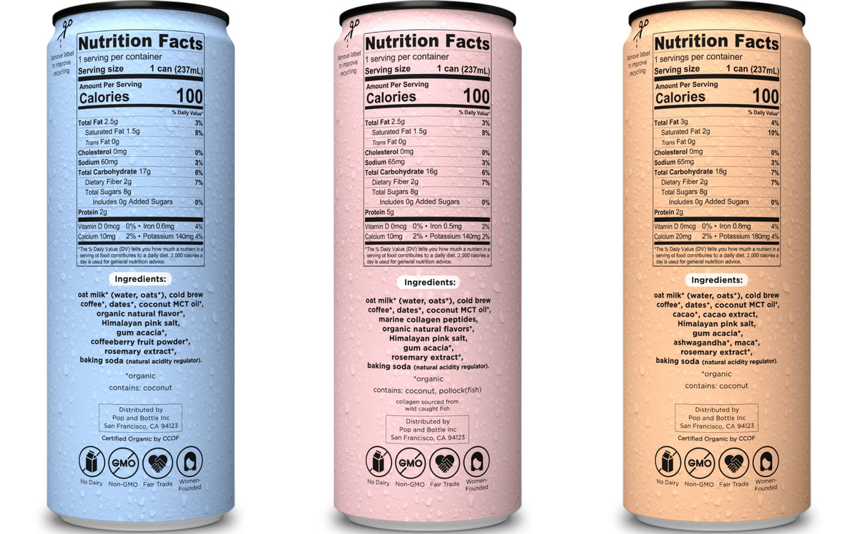 Pop & Bottle Oat Milk Lattes – Cold Brew with Maca, Antioxidants, Ashwagandha, 8 oz, 6 Pack, Organic & Dairy Free