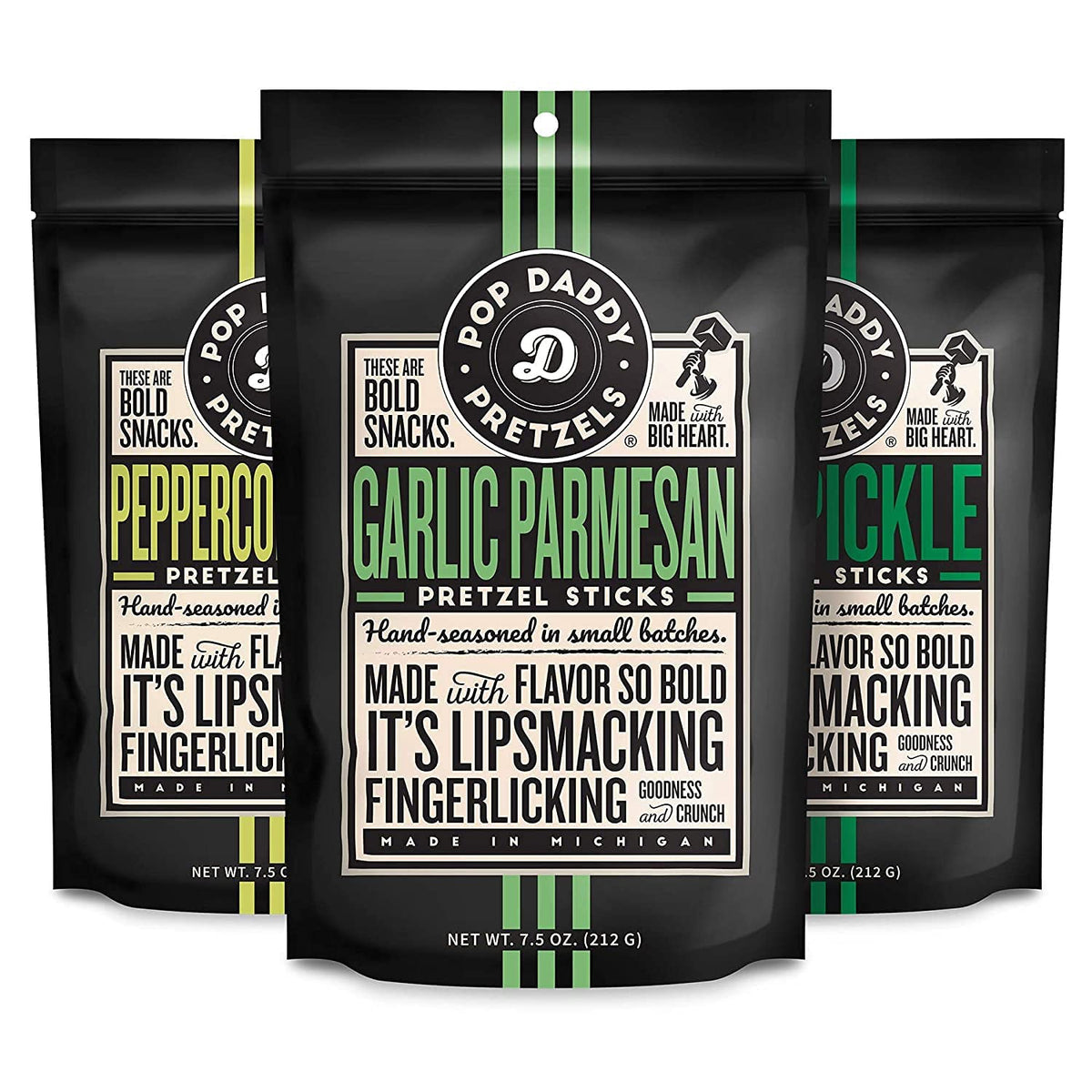 Pop Daddy Flavored Pretzel Sticks – 7.5 oz 3-Pack Variety (Garlic Parmesan, Peppercorn Ranch, Dill Pickle)