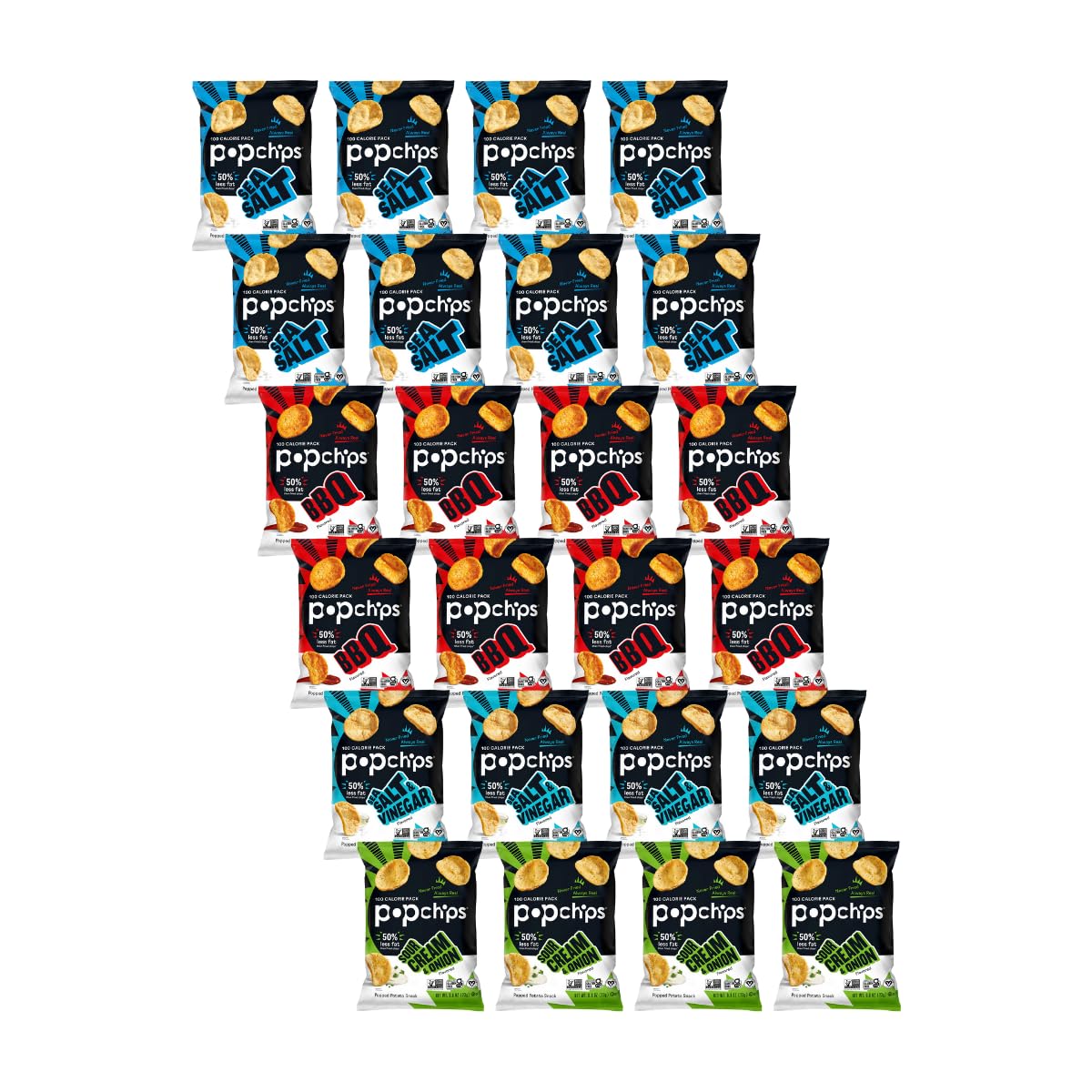 Popchips Variety Pack – 24 Count 0.8 oz Bags (Sea Salt, BBQ, Sour Cream & Onion, Salt & Vinegar)
