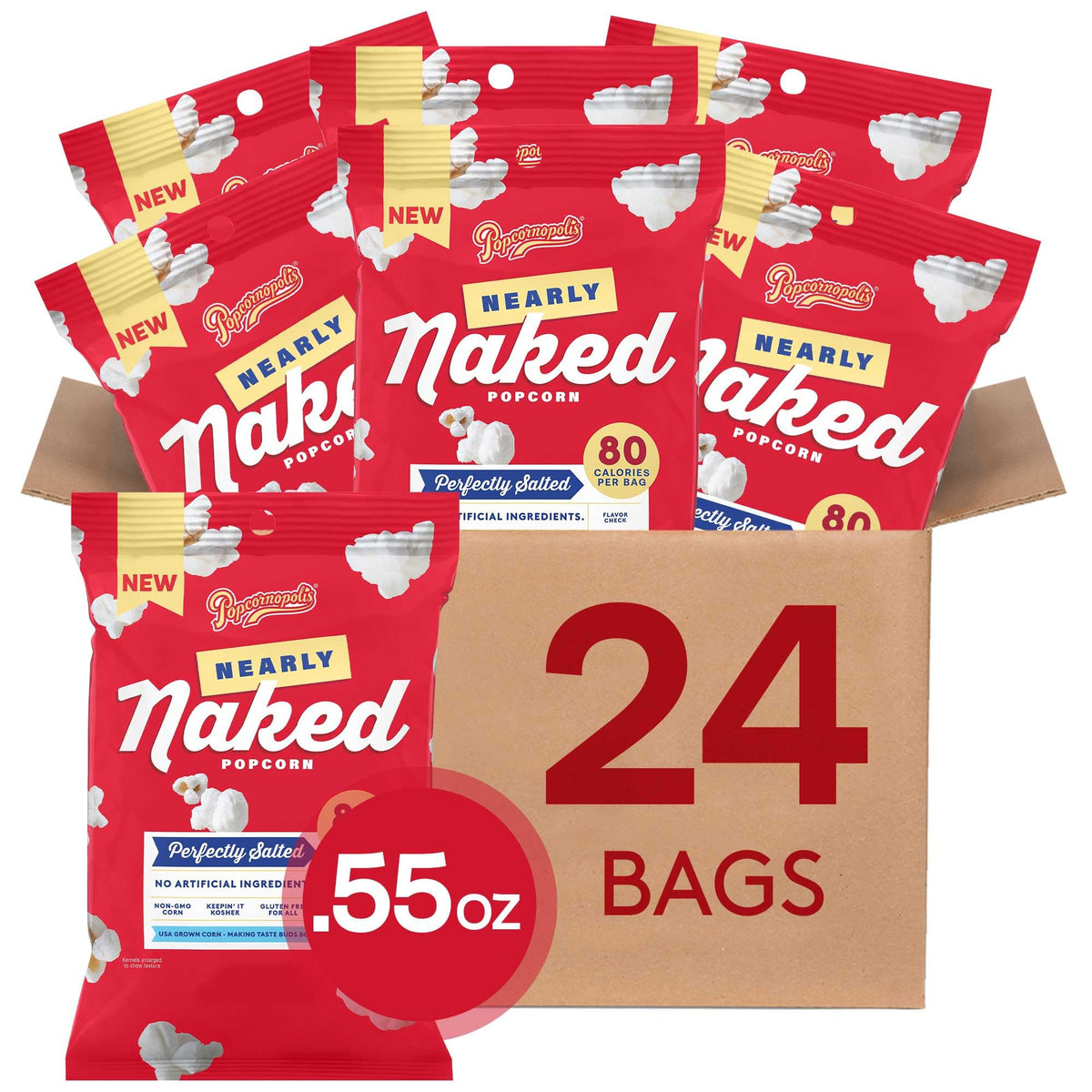 Popcornopolis Nearly Naked Popcorn 24-Pack – Perfectly Salted Gourmet, Non-GMO & Gluten-Free