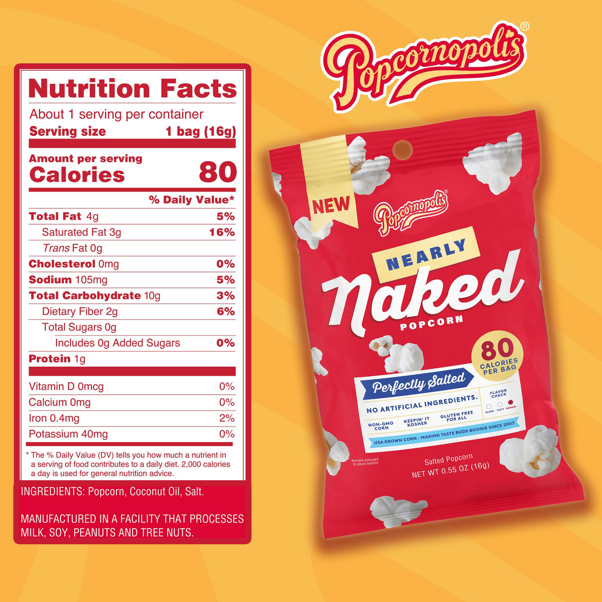 Popcornopolis Nearly Naked Popcorn 24-Pack – Perfectly Salted Gourmet, Non-GMO & Gluten-Free