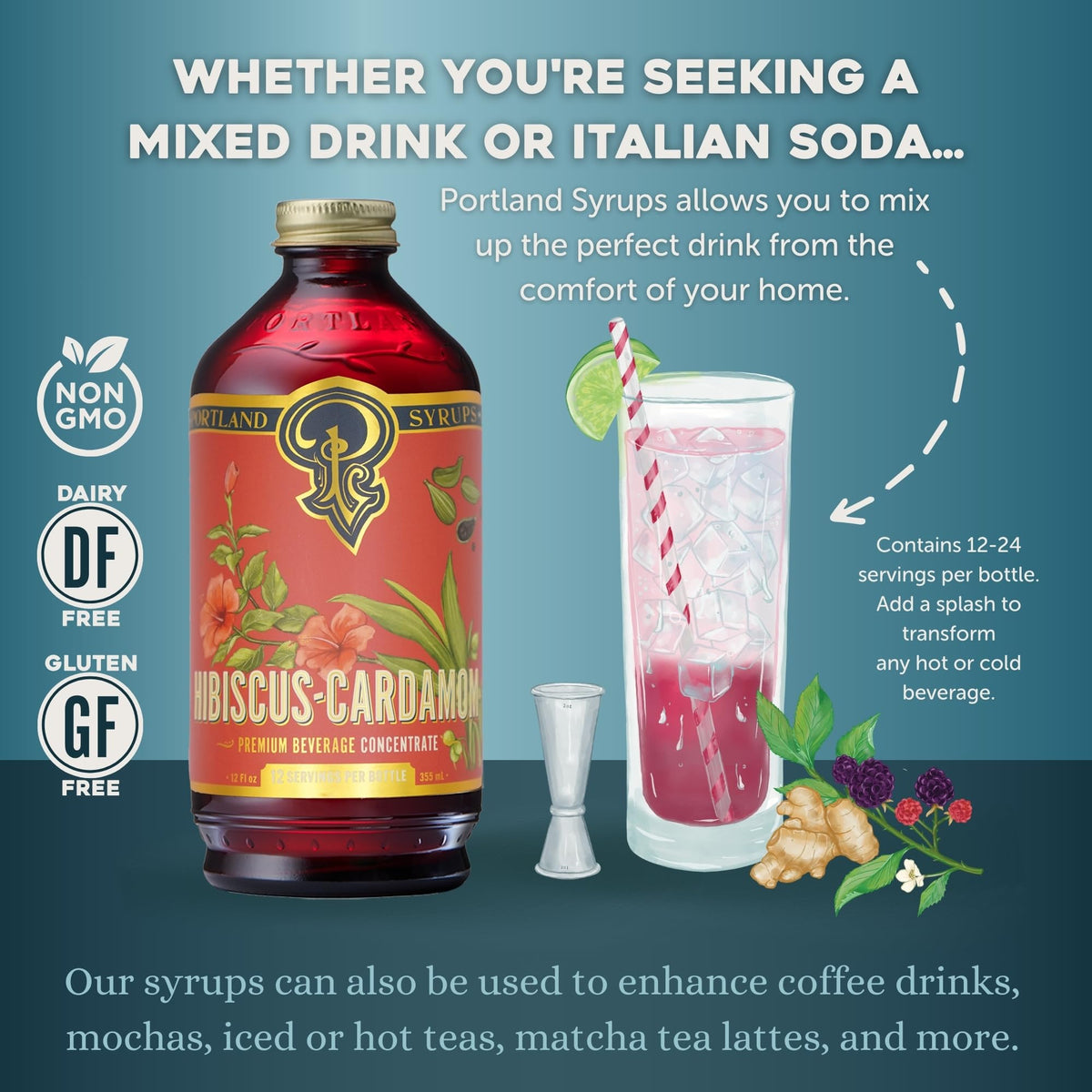 Portland Syrups Hibiscus Cardamom Syrup – 12 oz (Pack of 2) for Cocktails, Mocktails, Tea & More