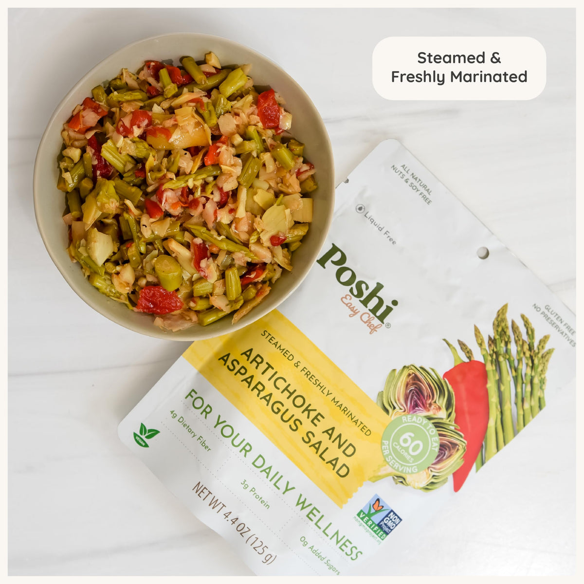 POSHI Artichoke & Asparagus Salad - Ready-to-Eat, Keto, Vegan, Non-GMO, Gluten Free, 6 Pack (4.4 oz each)