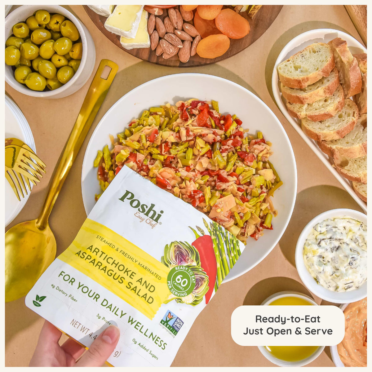 POSHI Artichoke & Asparagus Salad - Ready-to-Eat, Keto, Vegan, Non-GMO, Gluten Free, 6 Pack (4.4 oz each)