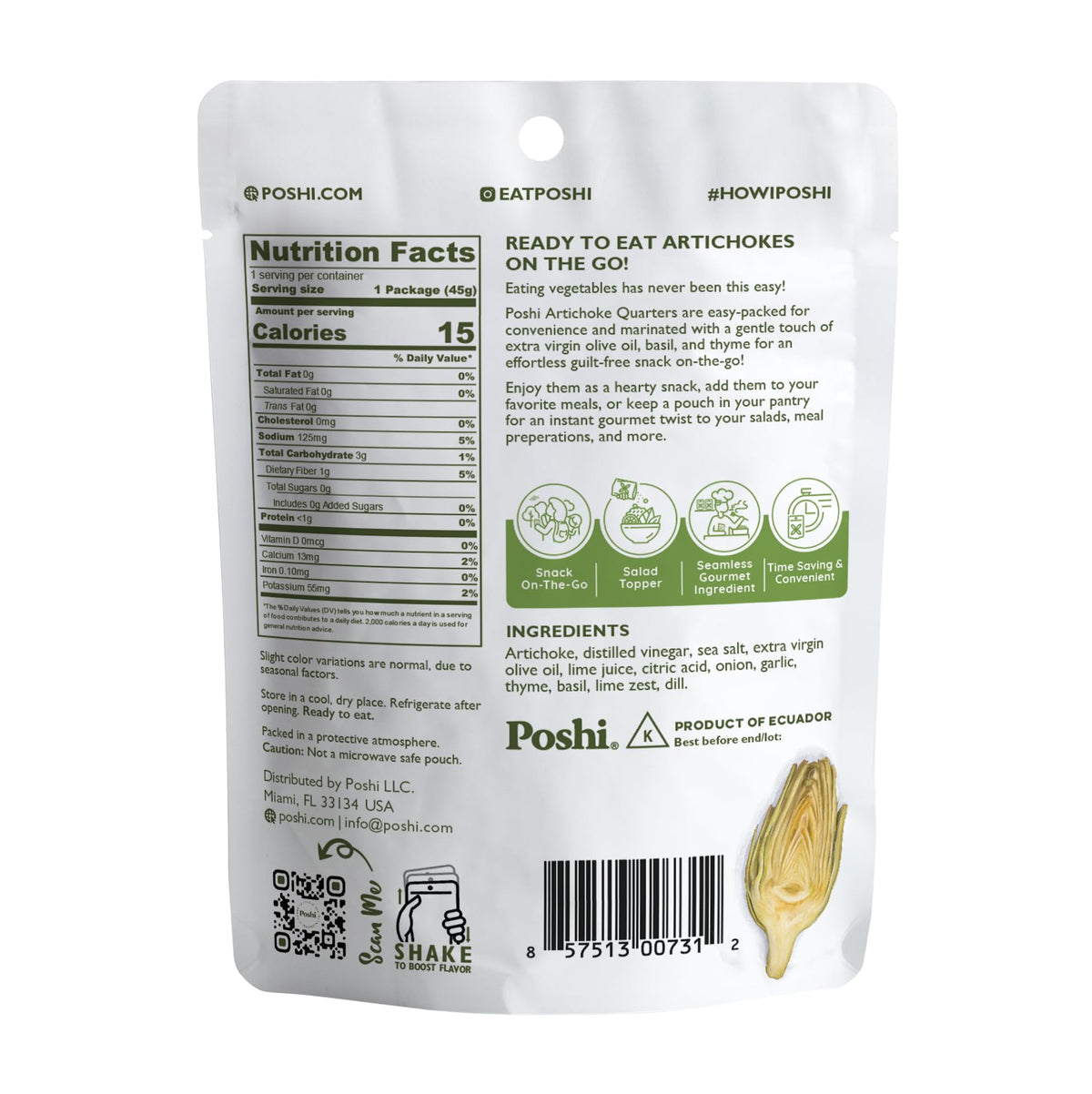 POSHI Artichoke Hearts with Basil & Thyme – Ready-to-Eat Snack Pack (10 x 1.58 oz)