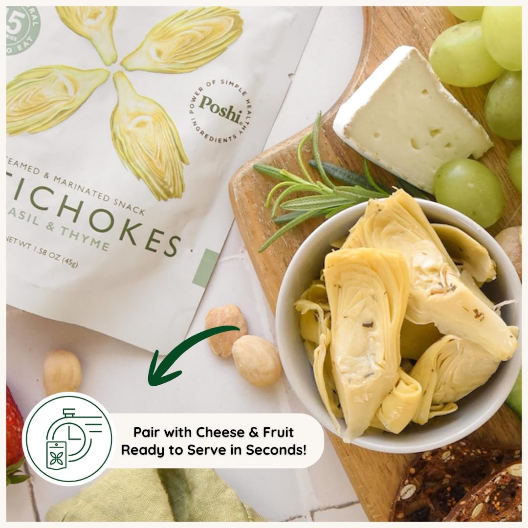 POSHI Artichoke Hearts with Basil & Thyme – Ready-to-Eat Snack Pack (10 x 1.58 oz)