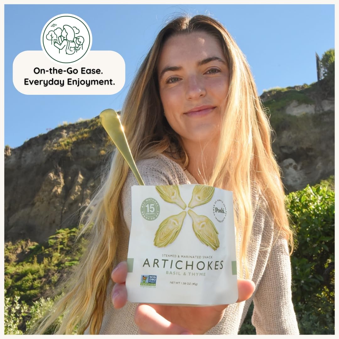 POSHI Artichoke Hearts with Basil & Thyme – Ready-to-Eat Snack Pack (10 x 1.58 oz)