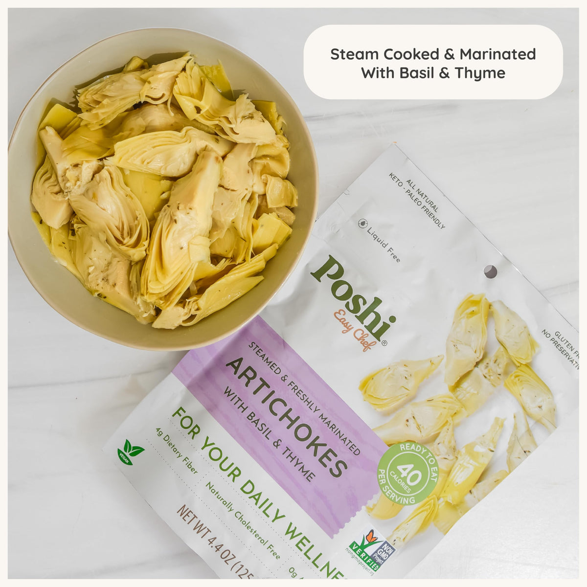 POSHI Marinated Artichoke Hearts with Basil & Thyme – Ready-to-Eat, Low Carb, Vegan, Gluten Free, 4.4 oz, 6 Pack