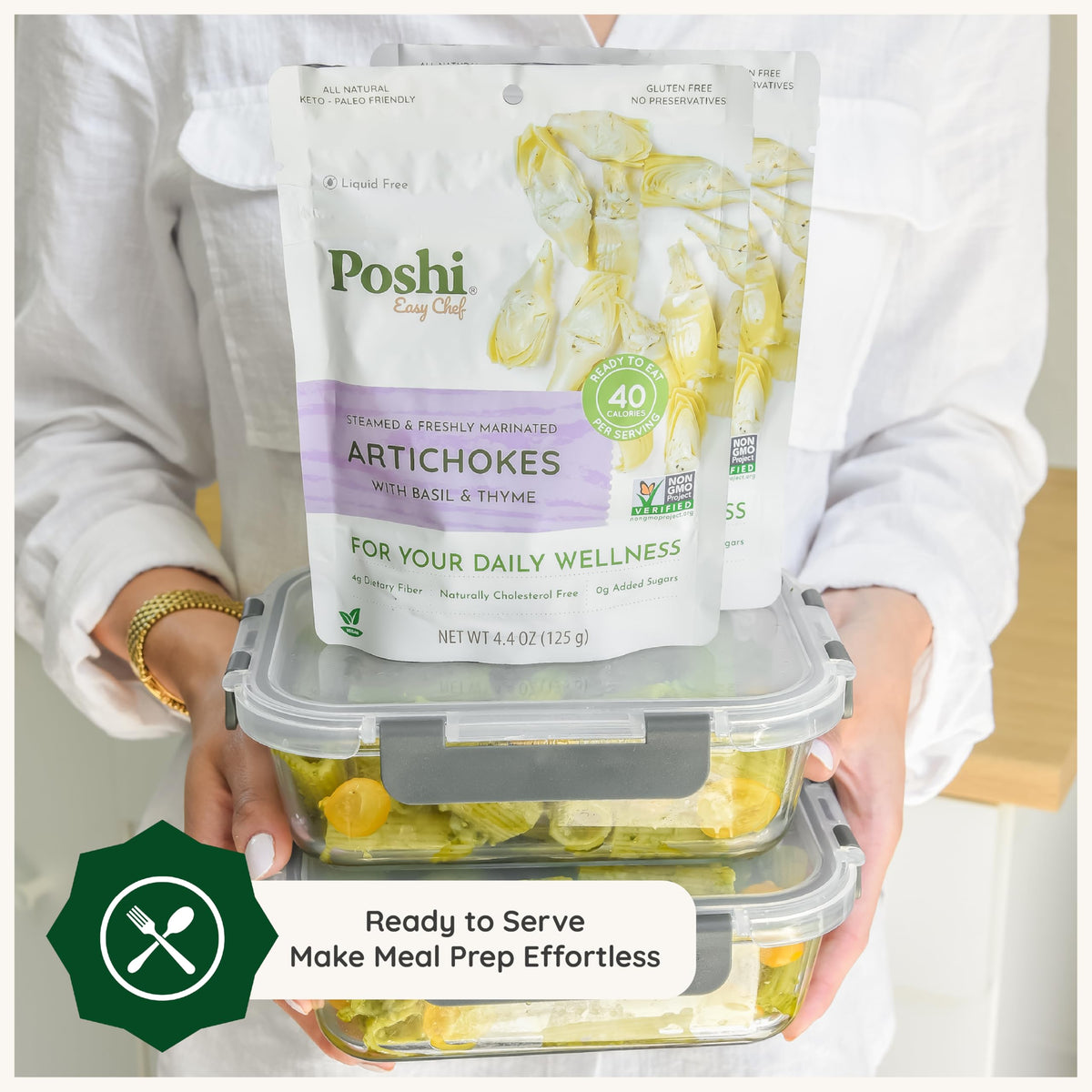 POSHI Marinated Artichoke Hearts with Basil & Thyme – Ready-to-Eat, Low Carb, Vegan, Gluten Free, 4.4 oz, 6 Pack