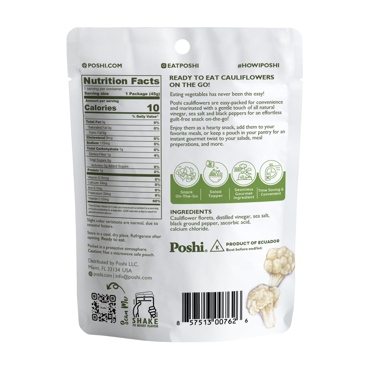 POSHI Marinated Cauliflower Florets Snack Pack – Salt & Pepper, Keto, Vegan, Gluten Free (10 Pack, 1.58 oz)