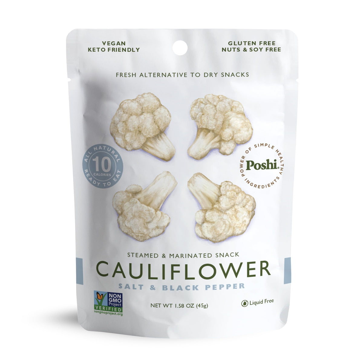 POSHI Marinated Cauliflower Florets Snack Pack – Salt & Pepper, Keto, Vegan, Gluten Free (10 Pack, 1.58 oz)