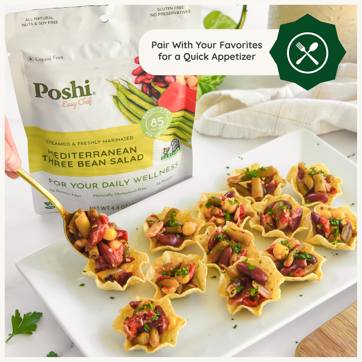 POSHI Mediterranean Three Bean Salad – Ready to Eat, Vegan, Keto, Gluten Free, 6 Pack (4.4 oz each)