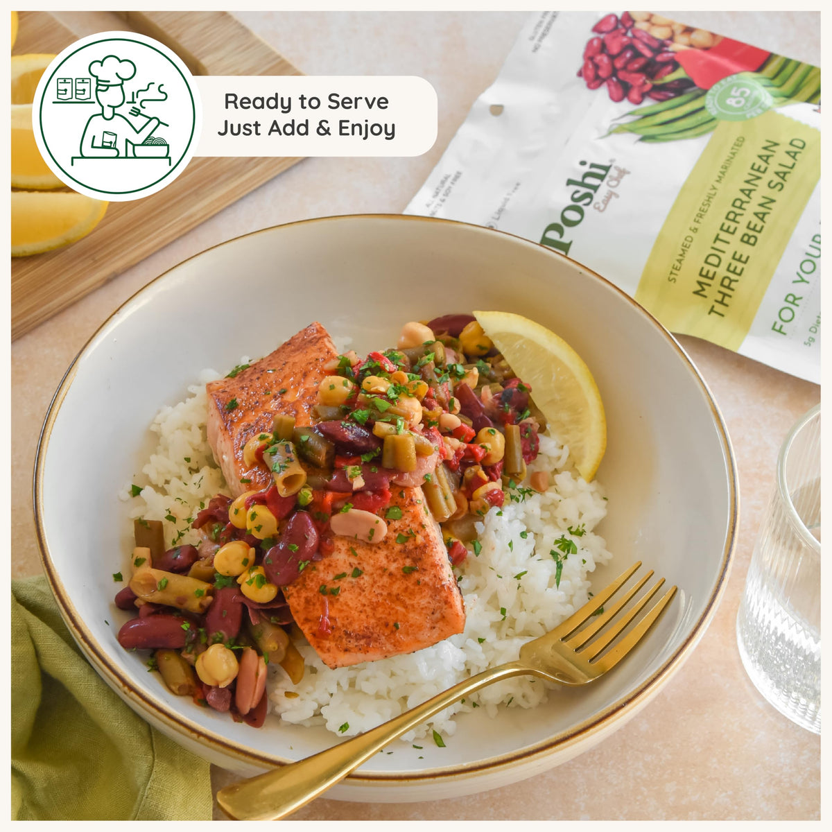 POSHI Mediterranean Three Bean Salad – Ready to Eat, Vegan, Keto, Gluten Free, 6 Pack (4.4 oz each)