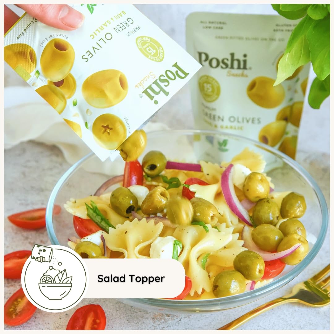 POSHI Green Pitted Olives - Basil & Garlic | Vegan, Gluten-Free, Keto-Friendly Snack Pack (30 x 1.1oz)