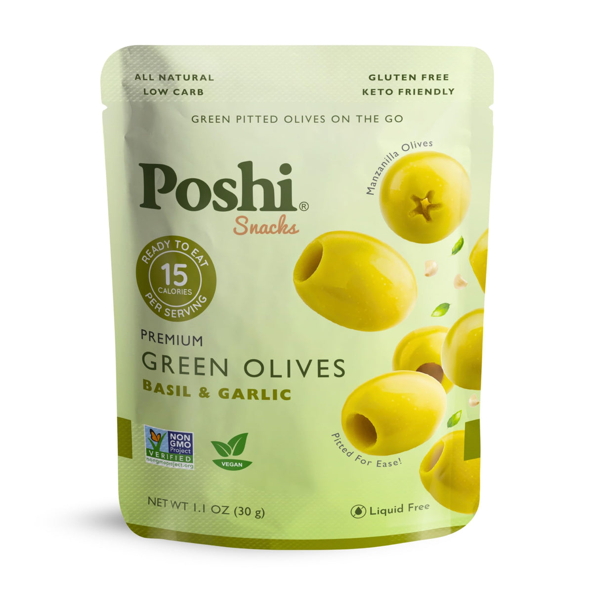 POSHI Green Pitted Olives - Basil & Garlic | Vegan, Gluten-Free, Keto-Friendly Snack Pack (30 x 1.1oz)