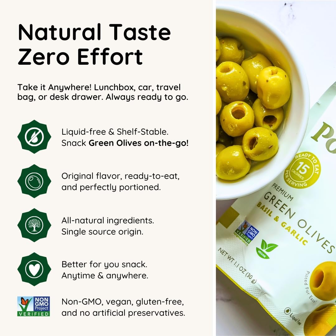 POSHI Green Pitted Olives - Basil & Garlic | Vegan, Gluten-Free, Keto-Friendly Snack Pack (30 x 1.1oz)