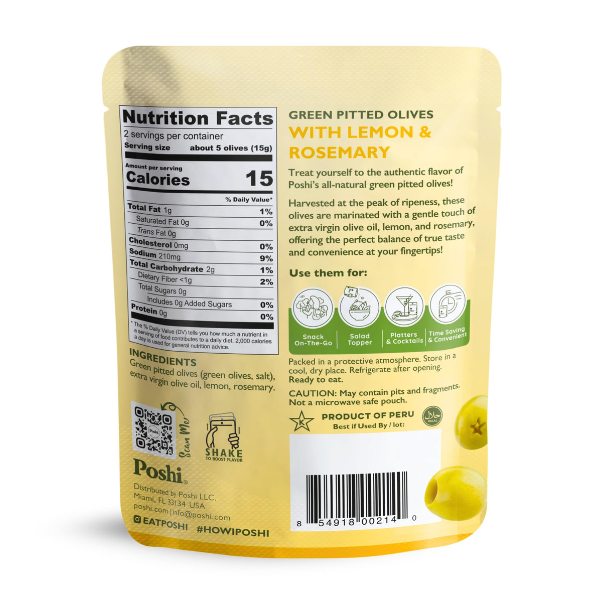 POSHI Green Pitted Olives – Lemon & Rosemary | Vegan, Gluten Free, Keto Snack (30 x 1.1oz Bags)