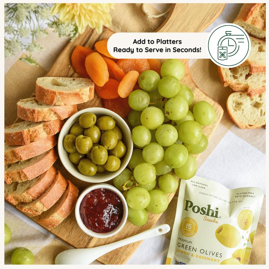 POSHI Green Pitted Olives – Lemon & Rosemary | Vegan, Gluten Free, Keto Snack (30 x 1.1oz Bags)