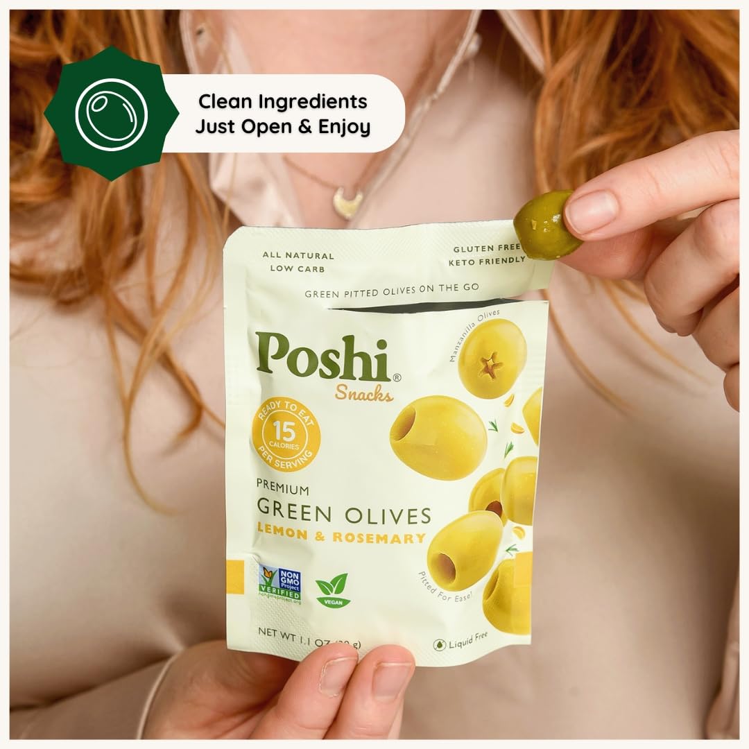 POSHI Green Pitted Olives – Lemon & Rosemary | Vegan, Gluten Free, Keto Snack (30 x 1.1oz Bags)